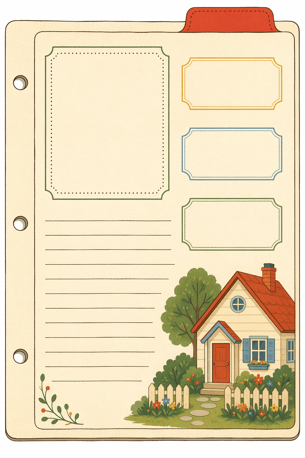 A printable home-care binder page with ruled note lines, framed photo boxes, and a little illustrated house
