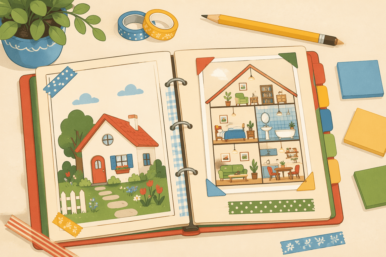 An open family home-care storybook binder with an illustrated house, bookmark tabs, washi tape, and sticky notes